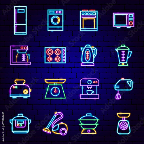 Household Appliances Neon Icons Set. Vector Illustration of Kitchen Gadgets.