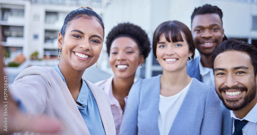 Team building, selfie and portrait of business people happy, smile and excited in coaching outdoor. Face, diversity and employee relax, pose and stand for photo, profile picture or memory at workshop