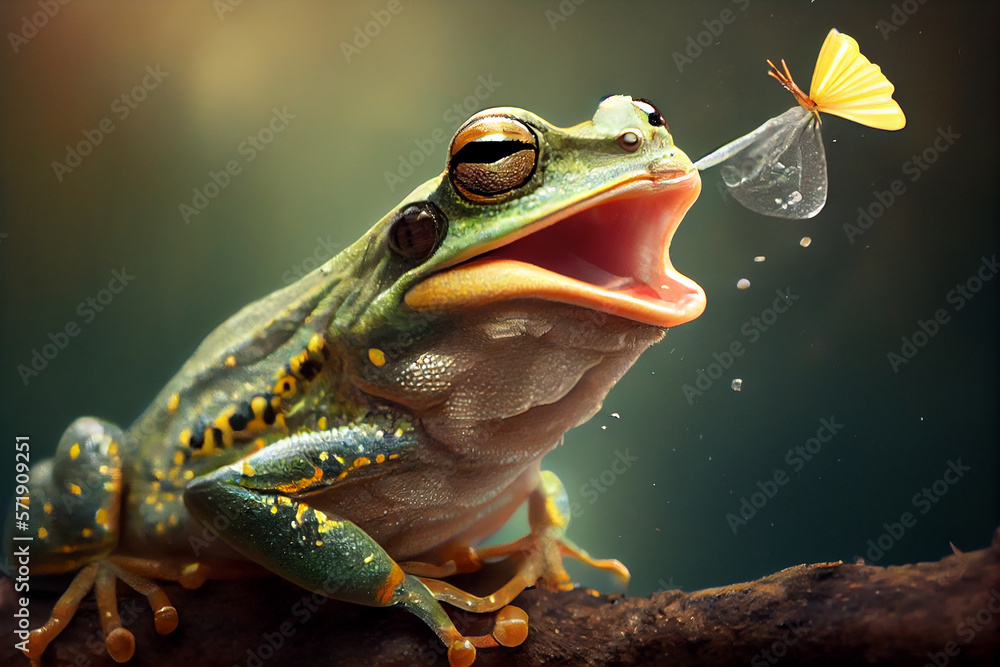 Frog catching a fly. generative AI Stock Illustration