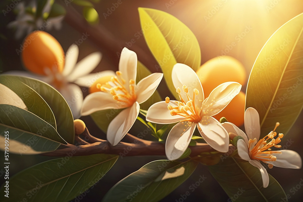 Obraz premium Orange tree blossom under the morning warm sun light, illustration generative AI