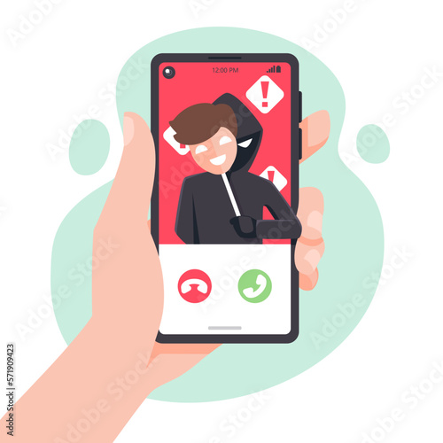A fake thief disguise calls the smartphone. fraud scam and steal private data on devices. vector illustration flat design for cyber security awareness concept.