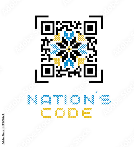 Ukrainian vector folk pattern. Ethnic sign, element, logo, qr code stilization in yellow and blue colors. Text translation Nation code. Ukrainian traditional embroidery pattern - vyshyvanka