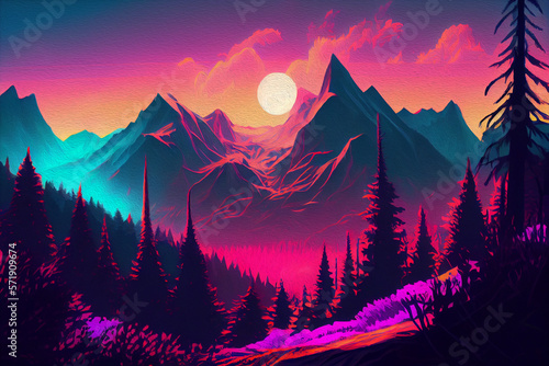 A vibrant oil painting of a landscape featuring forests and mountains. Generative AI. © whannsweet
