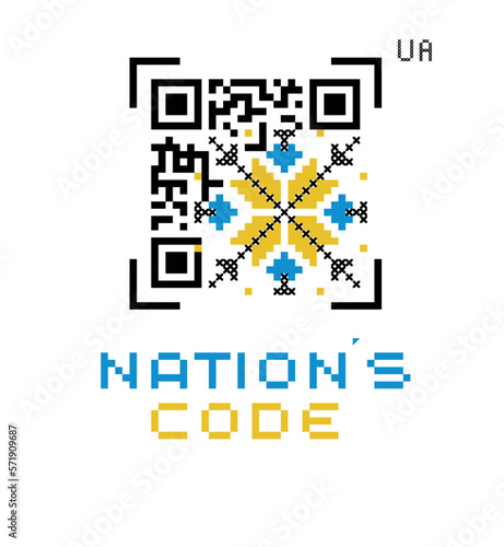 Ukrainian vector folk pattern. Ethnic sign, element, logo, qr code stilization in yellow and blue colors. Text translation Nation code. Ukrainian traditional embroidery pattern - vyshyvanka