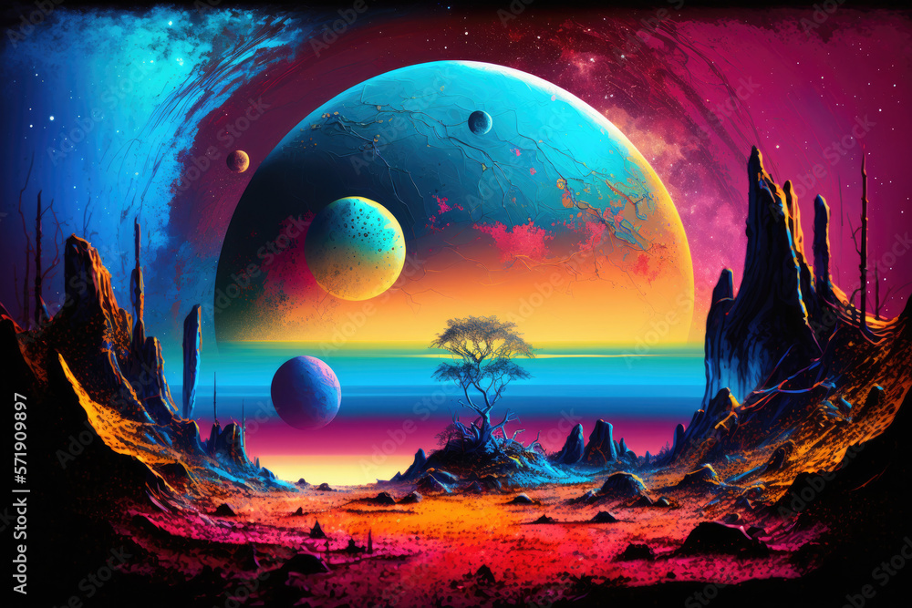abstract fantasy landscape in multi colors planet with stars, generative AI