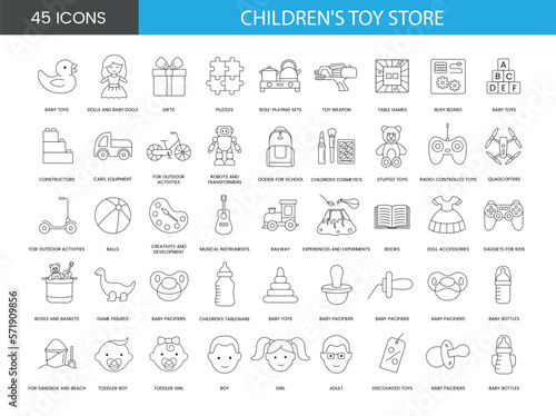 Set of kids toys line icons in vector, baby toys and puzzles, role-playing sets and toy weapon, table games and constructors, robots and transformers, railway, experiences and experiments
