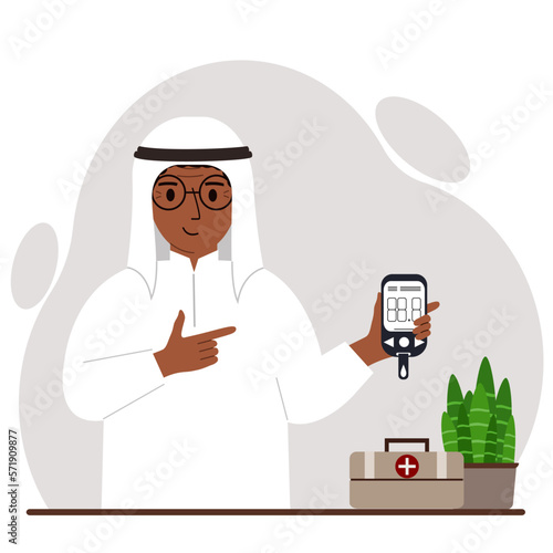 Happy muslim man holds a glucometer in his hand. The concept of blood sugar control, diabetic.