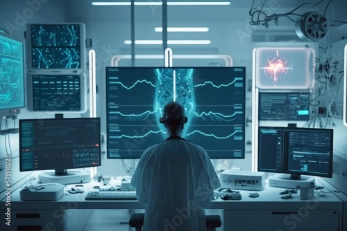 The Future of AI-Powered Healthcare, In a state-of-the-art hospital room, the latest medical technology is on display, showcasing the concept of AI in healthcare. Generative AI