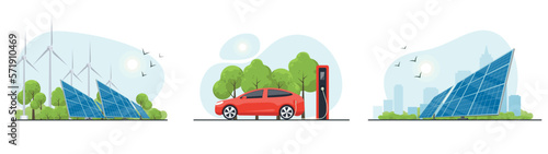 Clean energy of set. Electric car with charging station. Wind and solar generation. The concept of alternative electricity production.