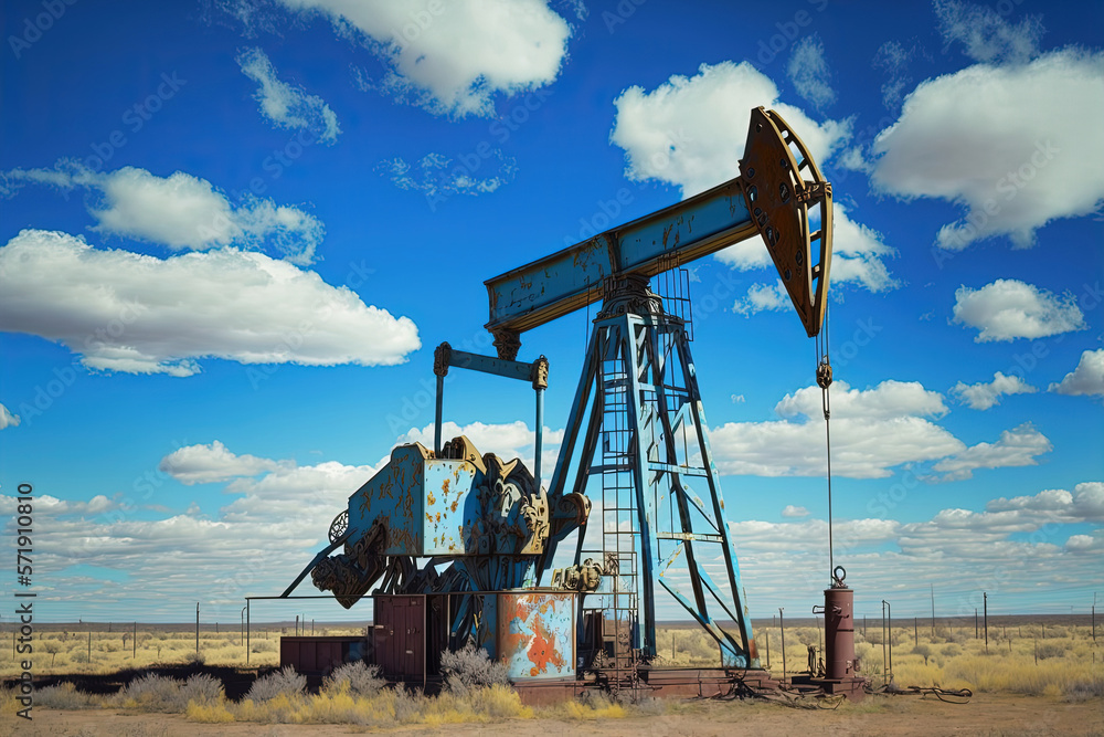 Oil pump rig in desert on oilfield site. Oil and gas production. AI