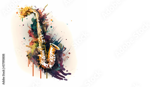 Saxophone.  colorful paint splash illustration. isolated on white background. Banner. copy space. Generative AI © Елена Дзюба