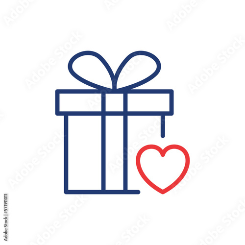 Gift Box with Ribbon Bow and Heart Line Icon. Giftbox in Donation and Charity Concept Linear Pictogram. Surprise Box for Holiday Outline Icon. Editable Stroke. Isolated Vector Illustration