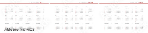 Set of 2023-2025 Annual Calendar template. Vector layout of a wall or desk simple calendar with week start sunday.