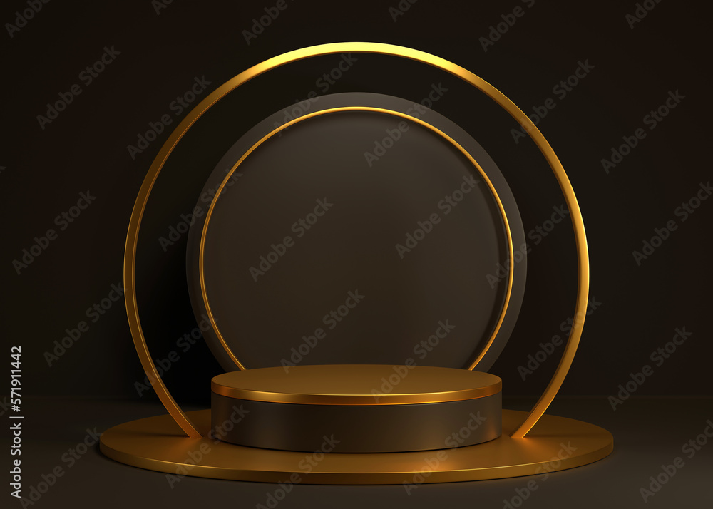 circle or cylinder podium display for product and presentation in a dark scene with gold circle, minimal style, 3D rendering