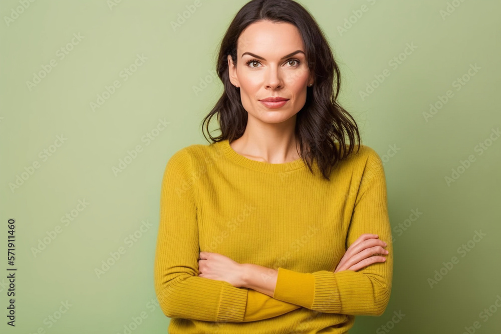 Studio shot of beautiful hispanic woman with crossing arms, wears yellow sweater poses over green background wall blank space for your advertising content. AI generative. Studio shot of beautiful hispanic woman with crossing arms, wears yellow sweater poses over green background wall blank space for your advertising content. AI generative.