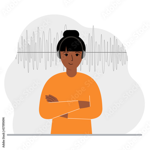 Woman in headphones and a sound track. Concept of online podcast, radio, online books, online learning and music.