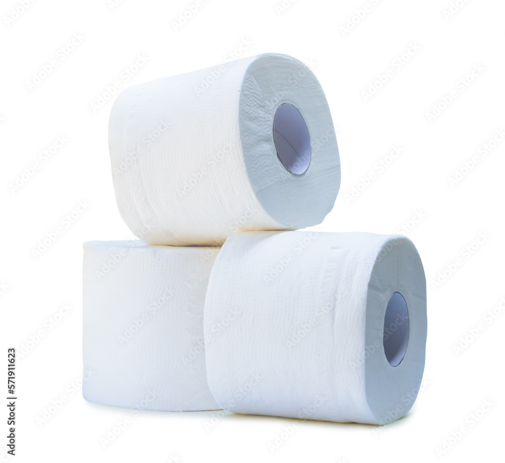 three rolls of white tissue paper or napkin in stack prepared for use in toilet or restroom isolated on white background with clipping path. three rolls of white tissue paper or napkin in stack prepared for use in toilet or restroom isolated on white background with clipping path.