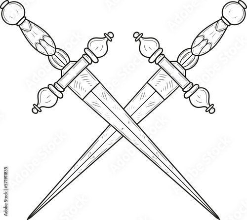 Illustration of crossed daggers in engraving style. Design element for logo, label, emblem, sign. Vector illustration
