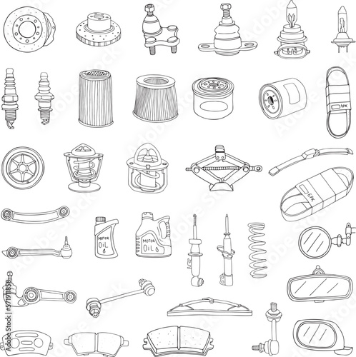 Hand drawn car parts icons. Vector illustration doodle style. Car service, repair.

