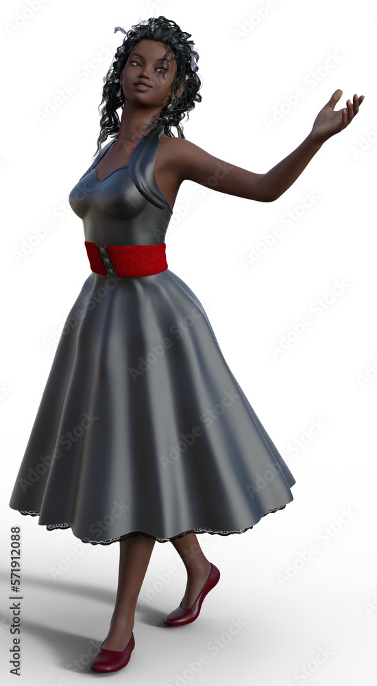 Naklejka premium Model girl dressed in a gray silk retro style dress with a flared skirt. Walking with a hand raised in greeting