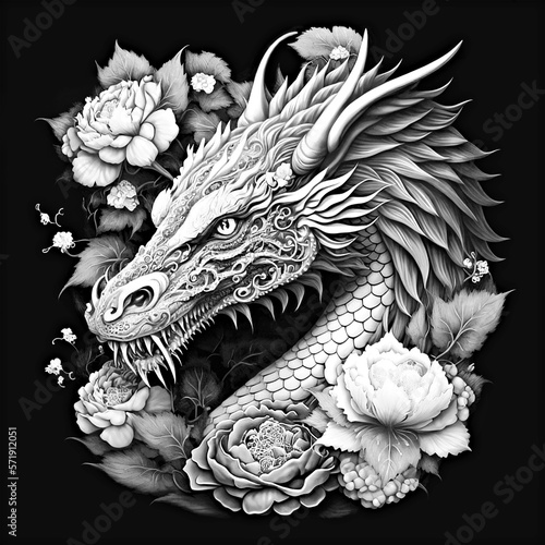 White dragon with flowers on a black background. Chinese horoscope symbol. Print for a T-shirt, cover, card. Detailed. Illustration generated AI.