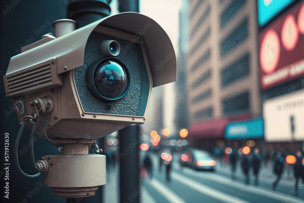A security camera monitoring activity on a city street. Generative AI illustration A security camera monitoring activity on a city street. Generative AI illustration