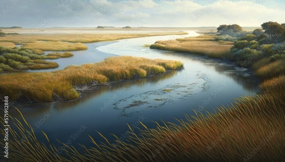 a painting of a river surrounded by tall grass and trees. generative ai a painting of a river surrounded by tall grass and trees. generative ai