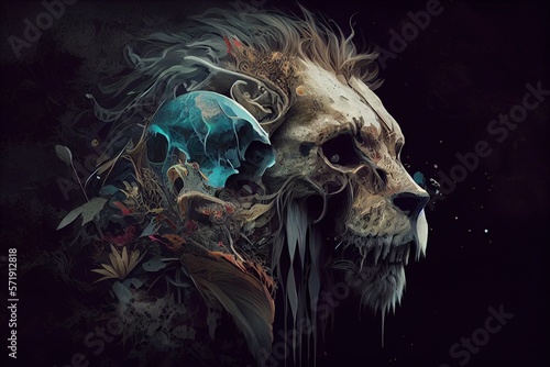 Lion Skull. Abstract image of a lion s head. Double exposure. Generative AI