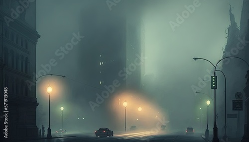  a foggy city street with a car driving down it.  generative ai © Anna