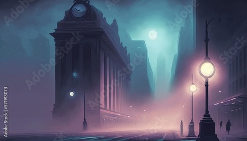  a city street at night with a clock tower in the distance.  generative ai