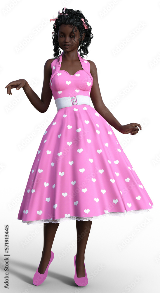 Illustration of a lovely young woman in a standing pose dressed in a pink dress decorated with white hearts Illustration of a lovely young woman in a standing pose dressed in a pink dress decorated with white hearts