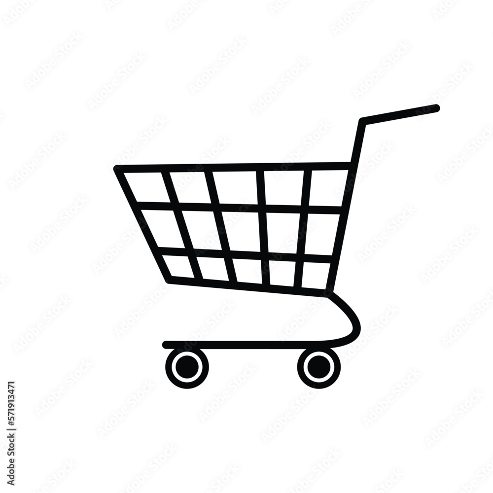 Vector illustration icon of steel shopping cart on wheels. Supermarket online store e-commerce symbol. Design element for mobile website applications development