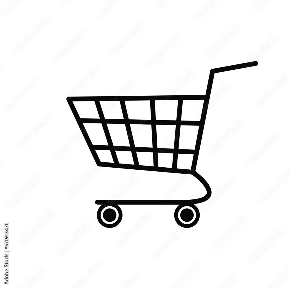 Vector illustration icon of steel shopping cart on wheels. Supermarket online store e-commerce symbol. Design element for mobile website applications development Vector illustration icon of steel shopping cart on wheels. Supermarket online store e-commerce symbol. Design element for mobile website applications development
