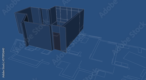 Architectural perspective 3d illustration of a house plan both 2d and 3d. Living room s walls are elevated. Conceptual sketch in blueprint style. 