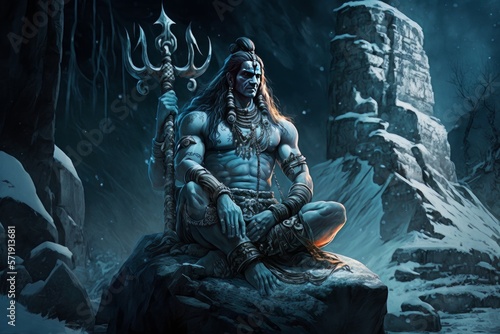 Maha Shivratri, Illustration Of Lord Shiva Sitting On a Rock in Kailash Mountain, God Shiva in Winter Season Icy Cold, Generative AI photo