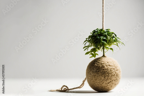 Kokedama is a traditional Japanese plant with moss and coconut fiber that can be hung from the ceiling or near a window Generative AI photo