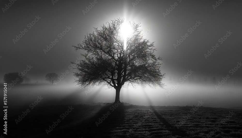 a tree in a field with the sun shining through the fog. generative ai a tree in a field with the sun shining through the fog. generative ai