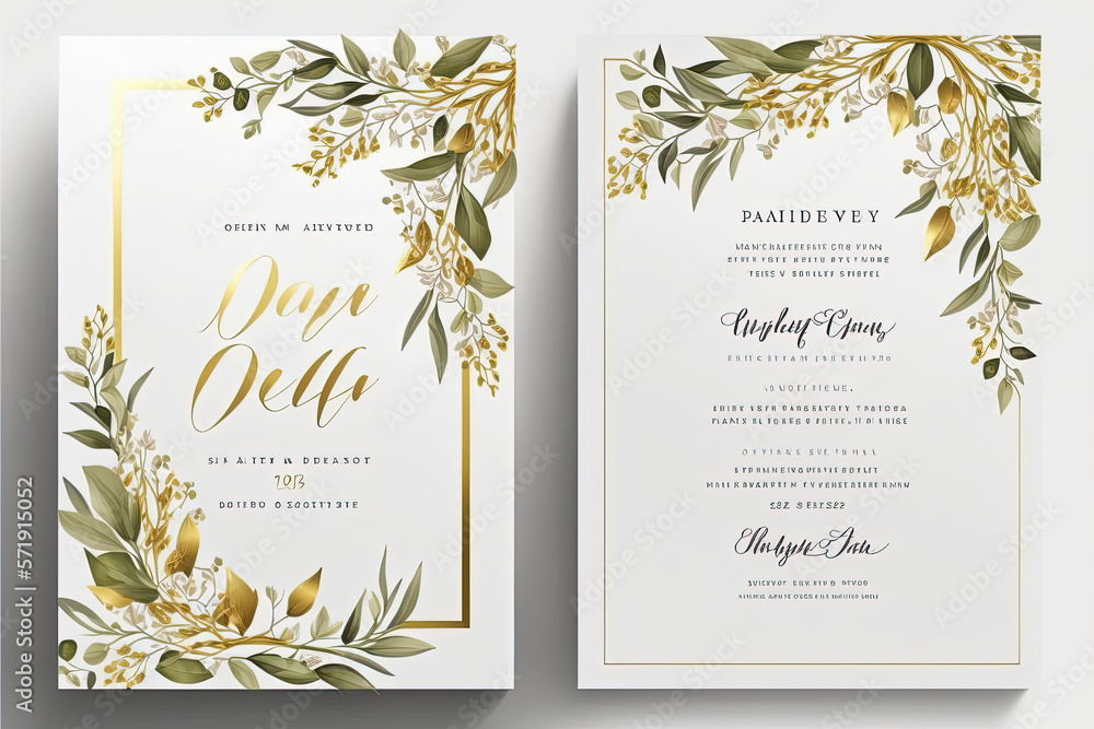 wedding invitation card  template design with watercolor greenery leaf and branch,  watercolor invitation , beautiful floral wreath. Generative AI - obrazy, fototapety, plakaty 