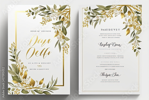 wedding invitation card  template design with watercolor greenery leaf and branch,  watercolor invitation , beautiful floral wreath Fototapet