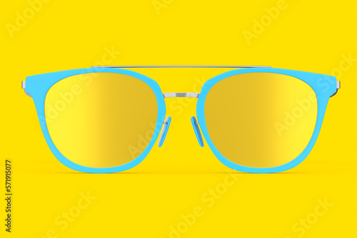 Realistic sunglasess with gradient lens and blue plastic frame on yellow