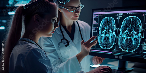 A doctor using advance holographic scanning. A patient's brain neuron pathology and diagnostic scan. Futuristic biomedical concept. Generative AI photo