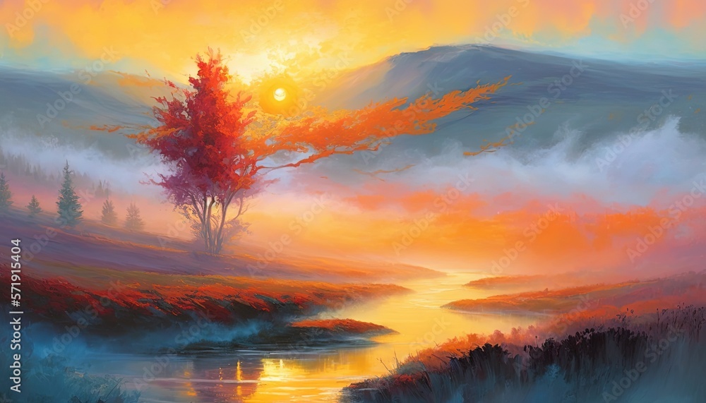 Obraz premium a painting of a sunset with a tree in the foreground. generative ai