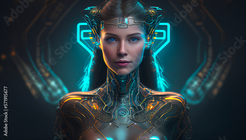 Cyborg beautiful woman on a futuristic neon glow background. 3D rendering. Generative AI