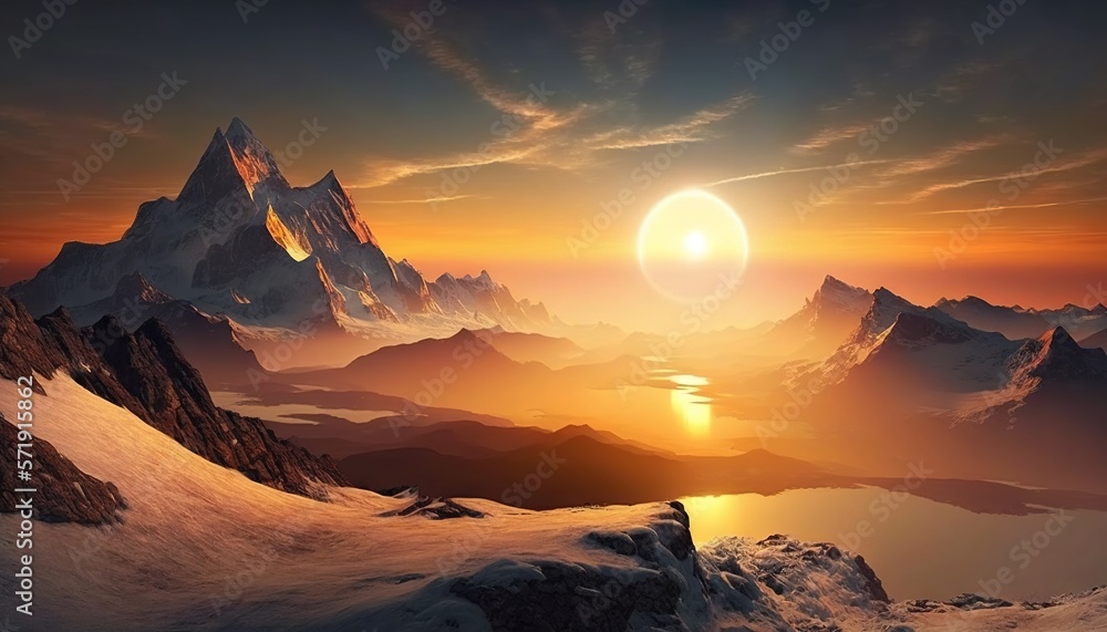  a computer generated image of a mountain range with a sunset in the background.  generative ai