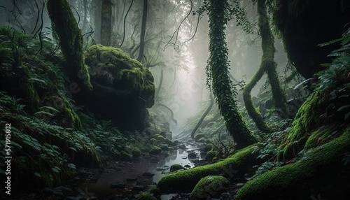  a stream running through a forest filled with lush green plants. generative ai