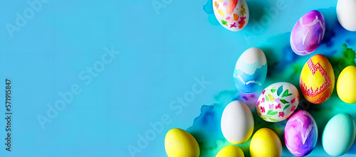 colorful easter eggs isolated on blue background  - watercolor - banner - generative ai - flat lay - top view - mockup - overhead - template