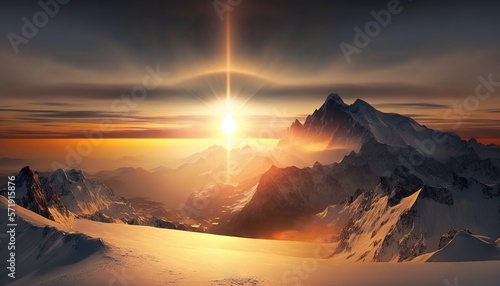  the sun is setting over a mountain range with snow on it. generative ai