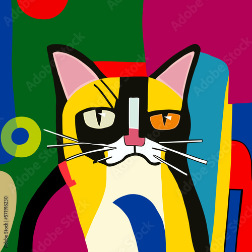 Fotografie, Obraz A bright and colorful abstract composition portrait of a cat inspired by the Cubist and Bauhaus art movements