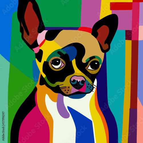 Obraz na plátně A bright and colorful abstract composition portrait of a chihuahua inspired by the Cubist and Bauhaus art movements