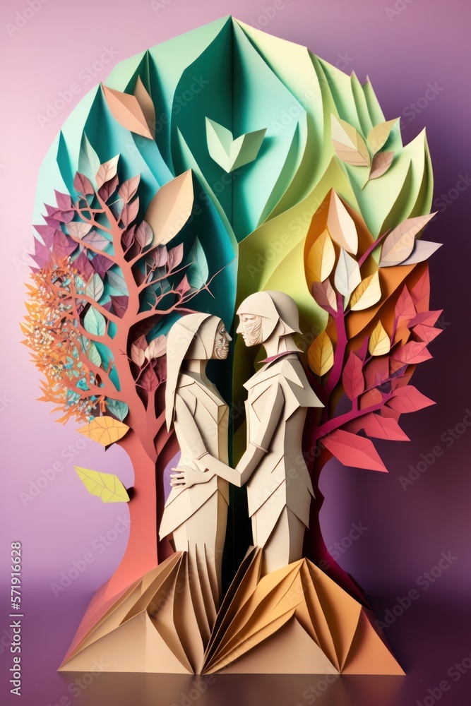 Tree lovers in forest conservation in papercut art, 
Valentine's Day, true love, GENERATIVE AI